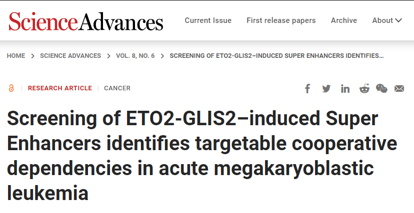 Screening of ETO2-GLIS2-induced Super Enhancers identifies targetable cooperative dependencies in acute megacaryoblastic leukemia.